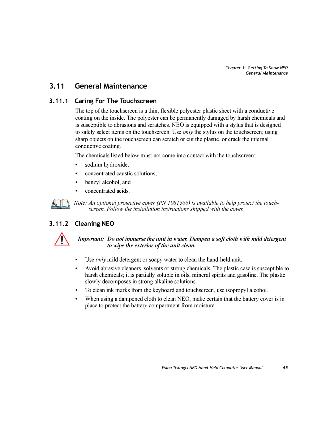 Psion Teklogix PX750 manual General Maintenance, Caring For The Touchscreen, Cleaning NEO 