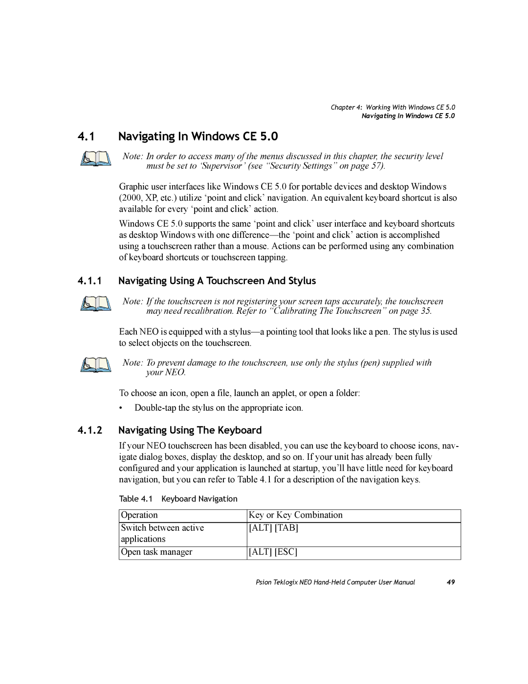 Psion Teklogix PX750 Navigating In Windows CE, Navigating Using a Touchscreen And Stylus, Navigating Using The Keyboard 