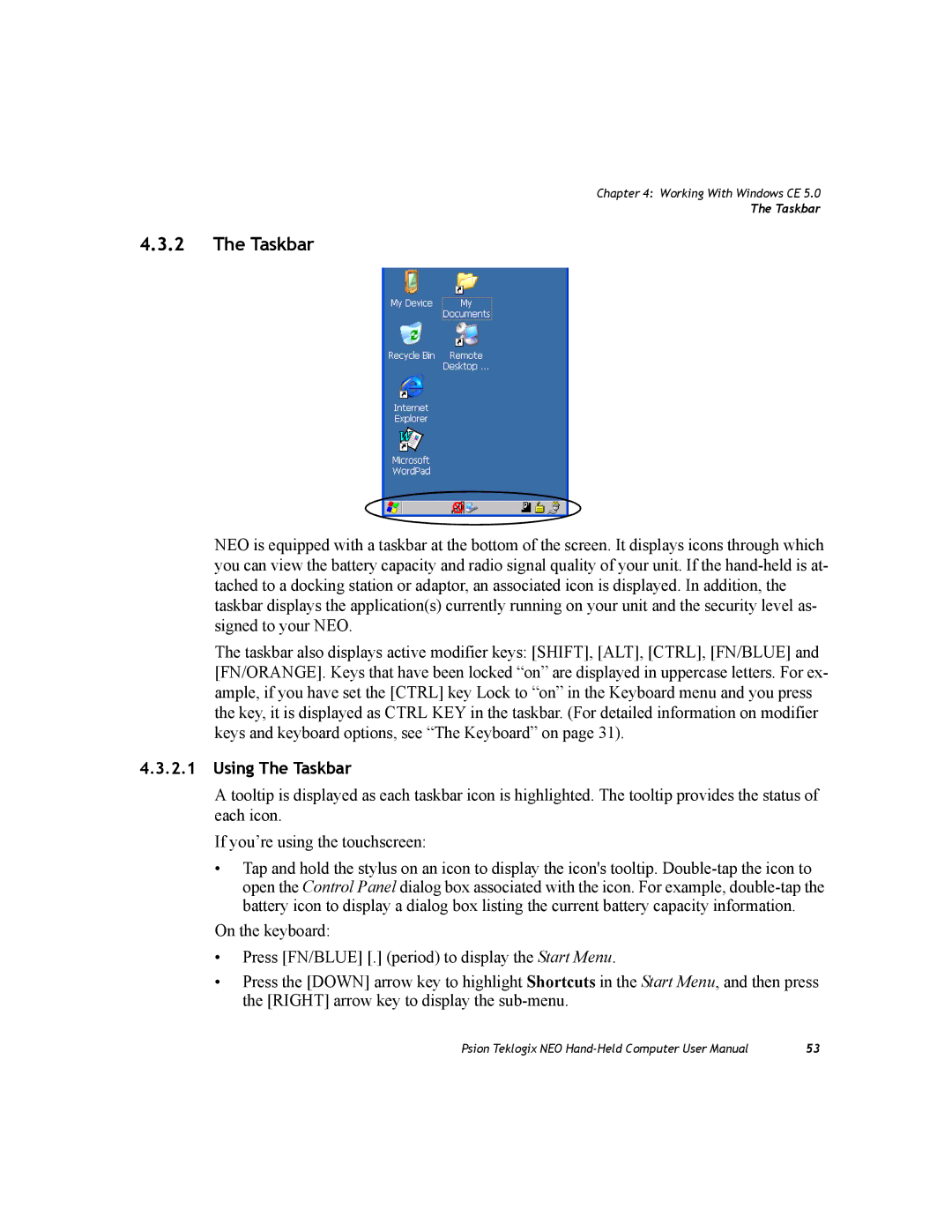 Psion Teklogix PX750 manual Using The Taskbar 