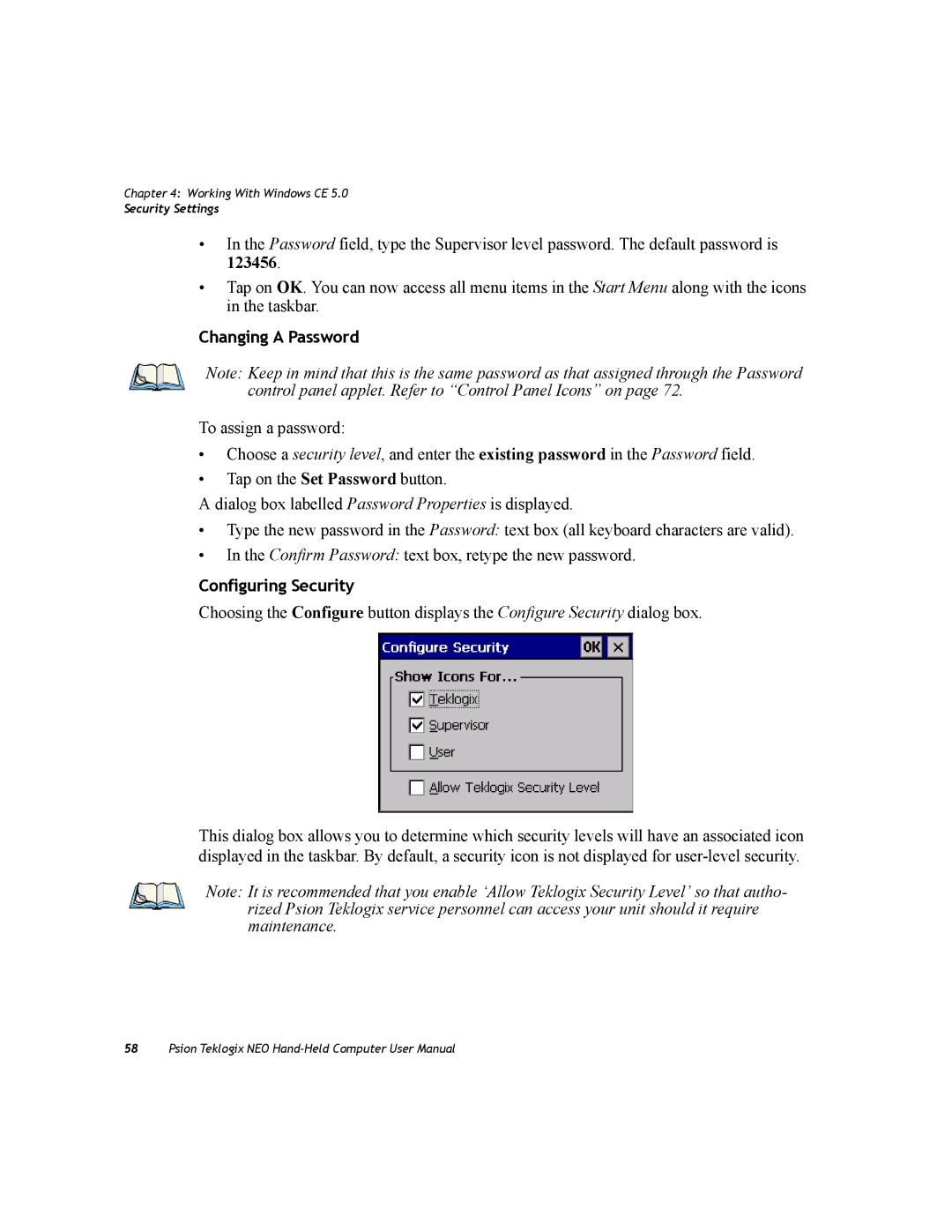 Psion Teklogix PX750 manual Changing a Password, Configuring Security 