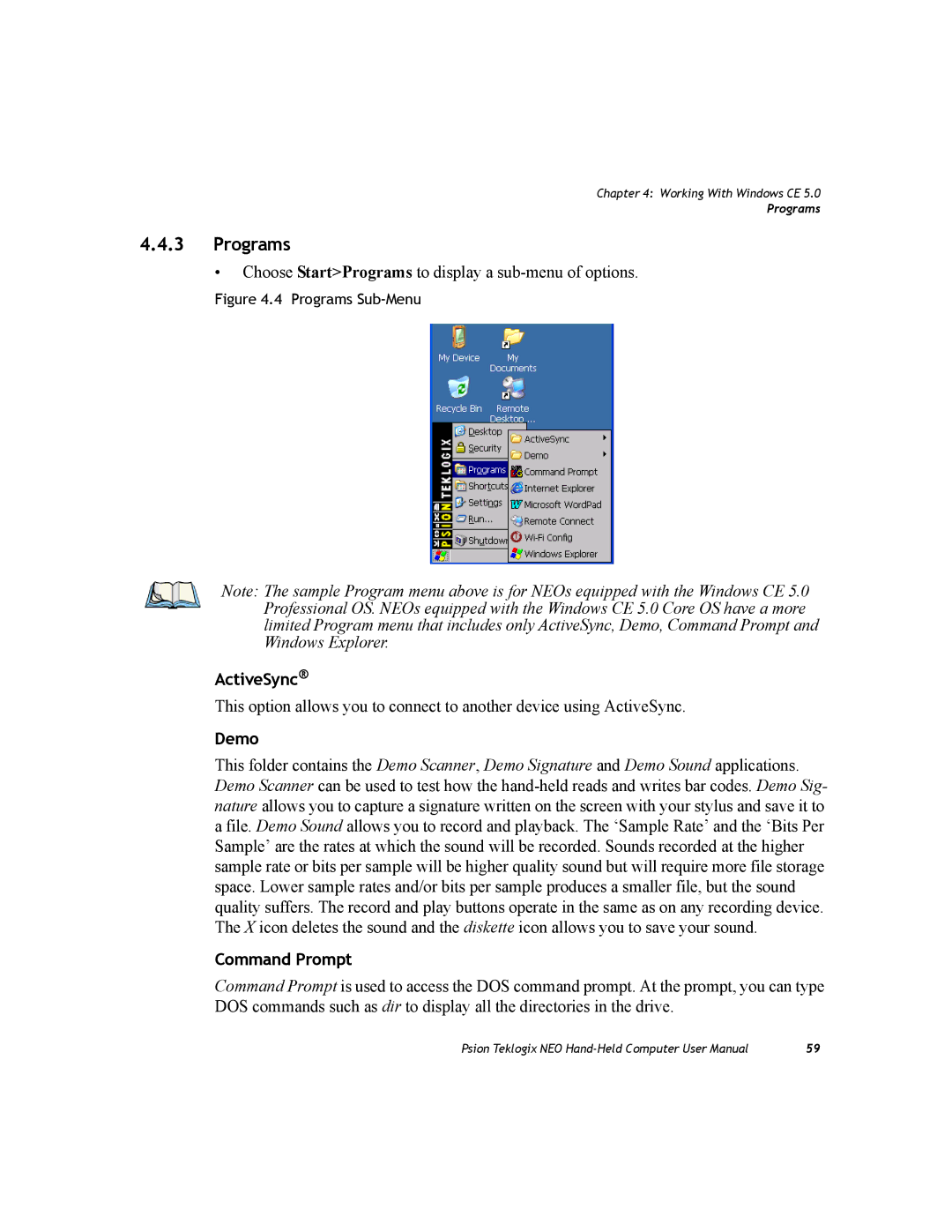 Psion Teklogix PX750 manual Programs, ActiveSync, Demo, Command Prompt 