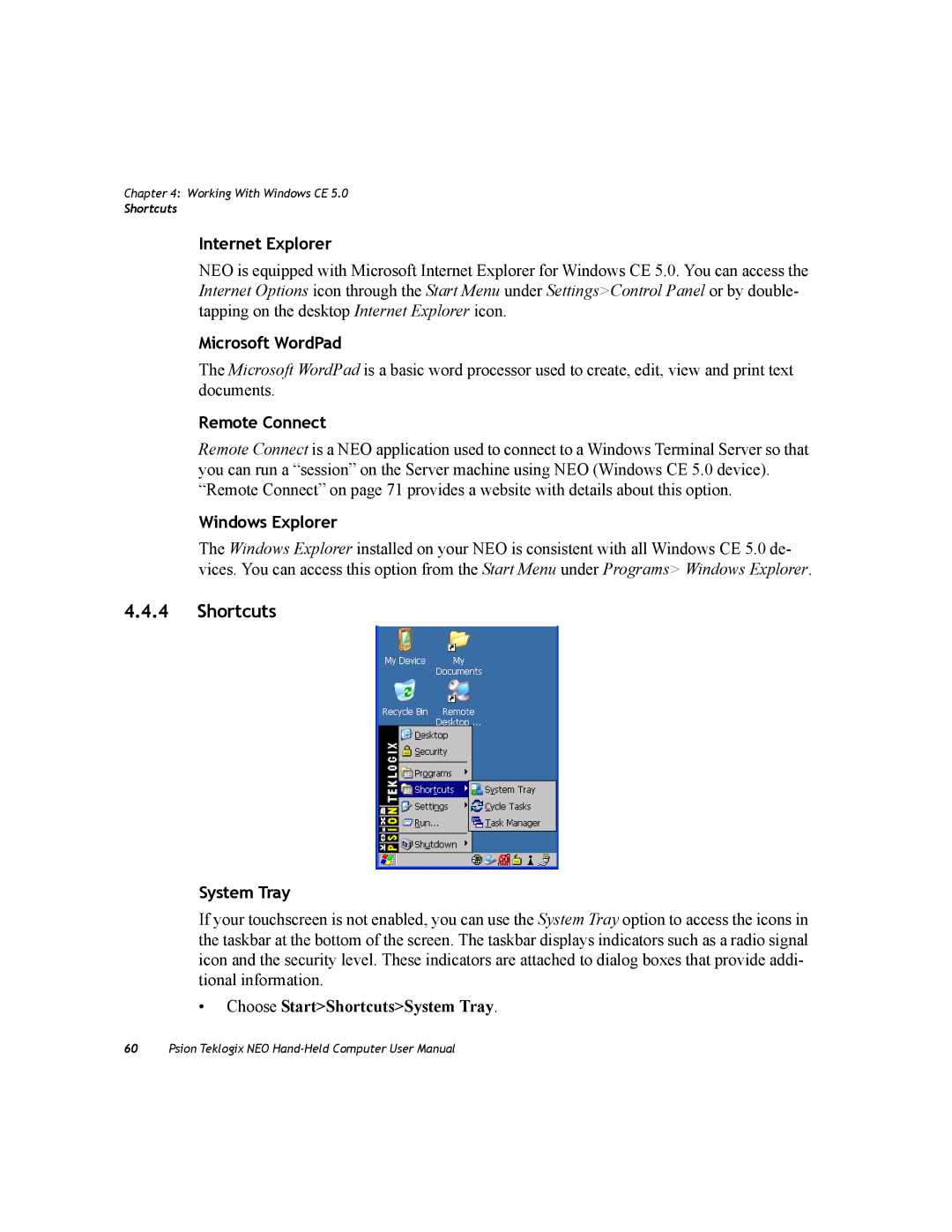 Psion Teklogix PX750 manual Shortcuts, Remote Connect, Windows Explorer, System Tray 