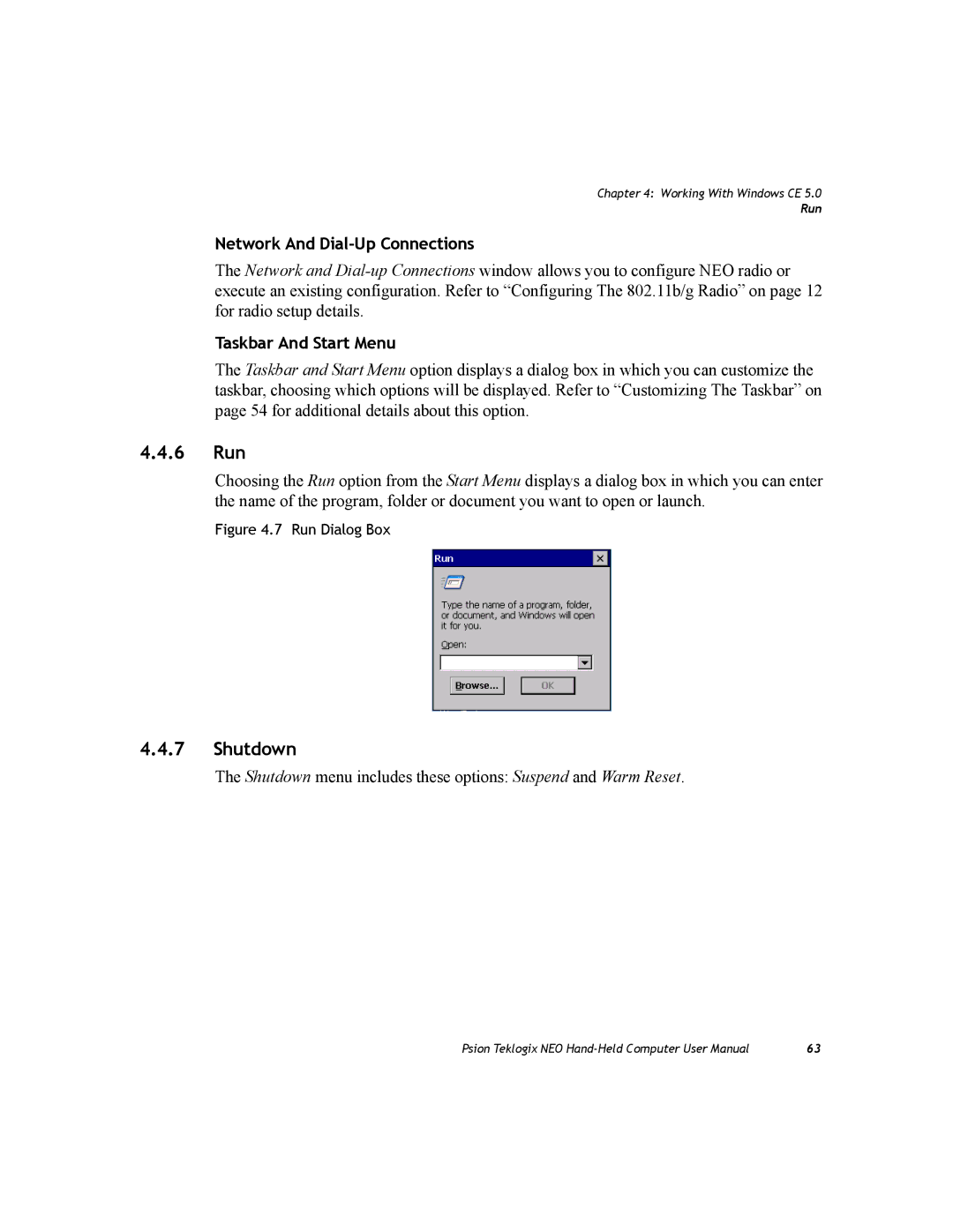 Psion Teklogix PX750 manual 6 Run, Shutdown, Network And Dial-Up Connections, Taskbar And Start Menu 