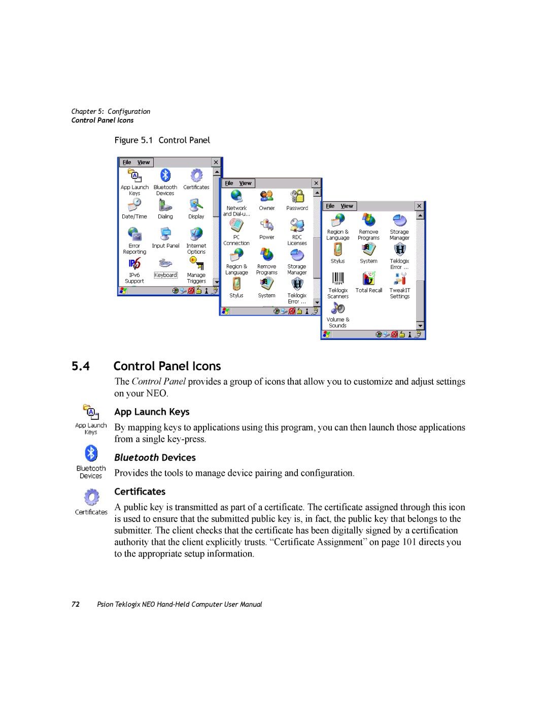 Psion Teklogix PX750 manual Control Panel Icons, App Launch Keys, Certificates 