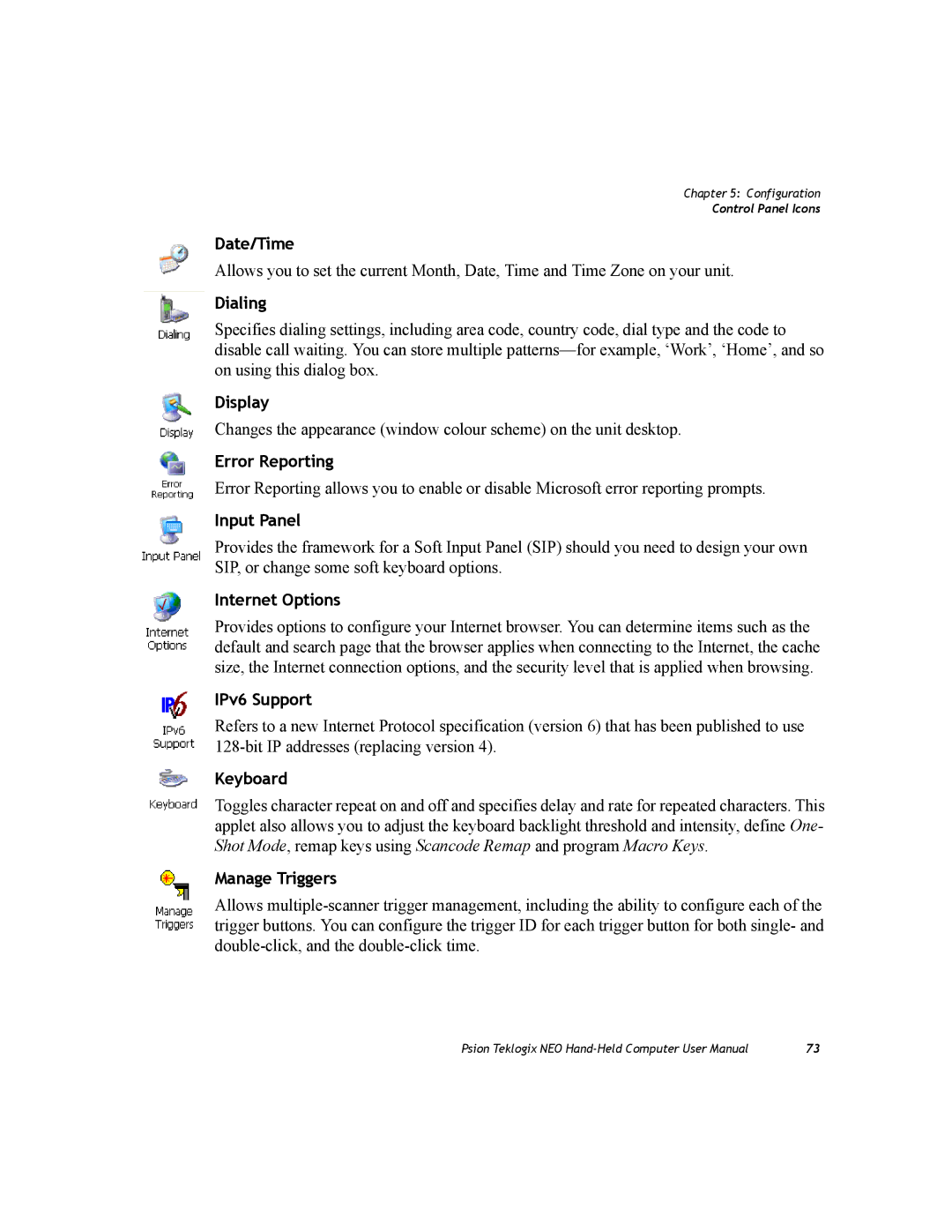Psion Teklogix PX750 Date/Time, Dialing, Display, Error Reporting, Input Panel, Internet Options, IPv6 Support, Keyboard 