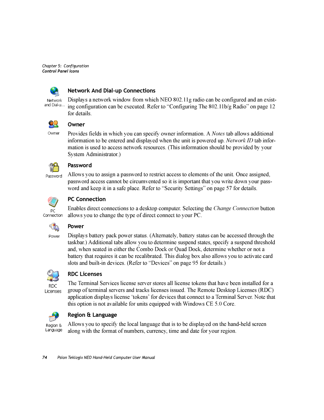 Psion Teklogix PX750 manual Owner, Password, PC Connection, Power, RDC Licenses, Region & Language 