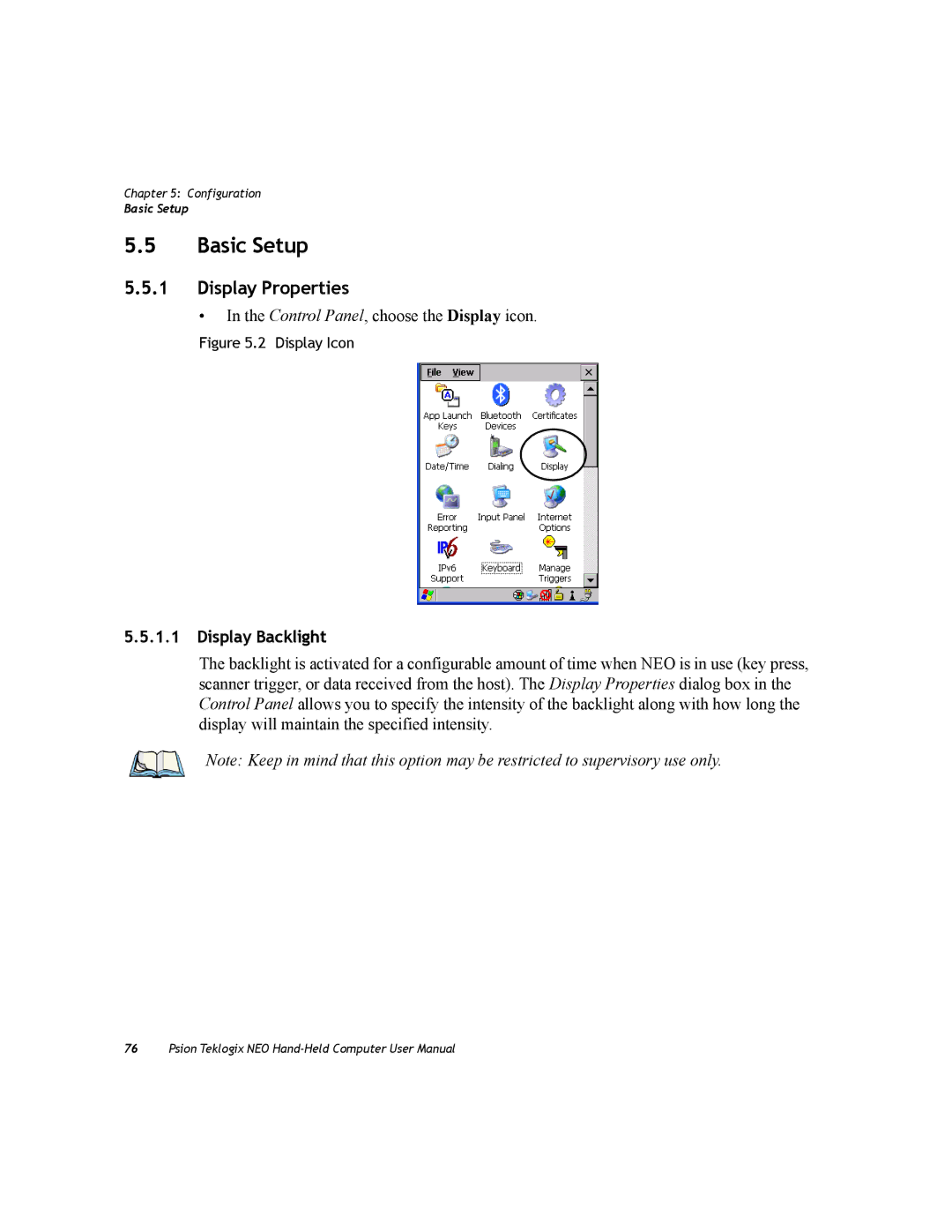 Psion Teklogix PX750 manual Basic Setup, Display Properties, Display Backlight 
