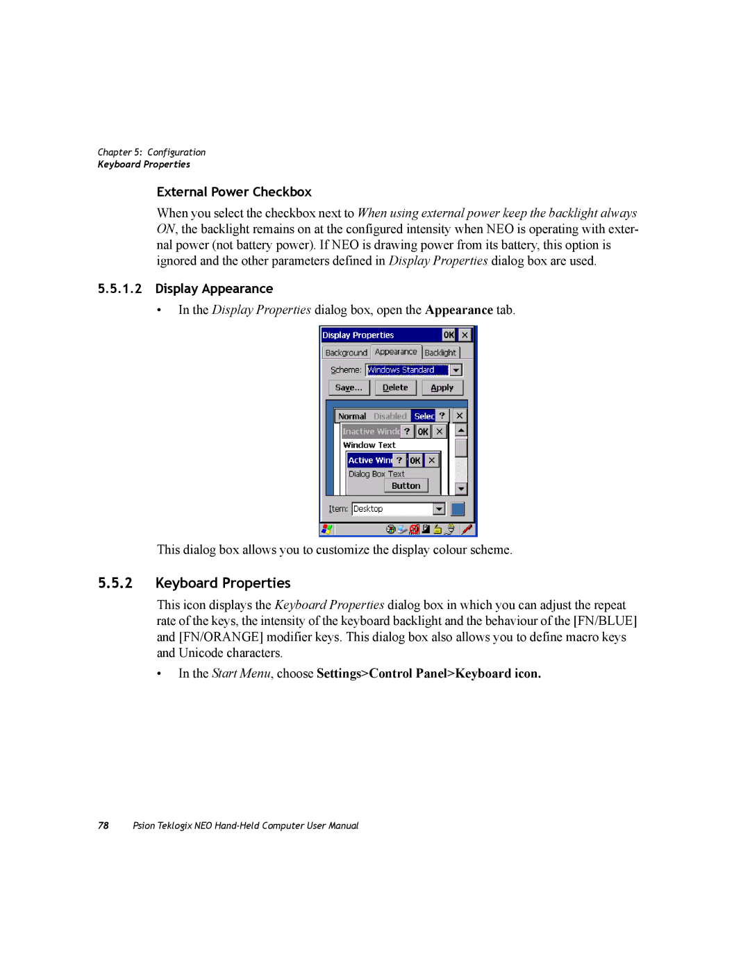 Psion Teklogix PX750 manual Keyboard Properties, External Power Checkbox, Display Appearance 