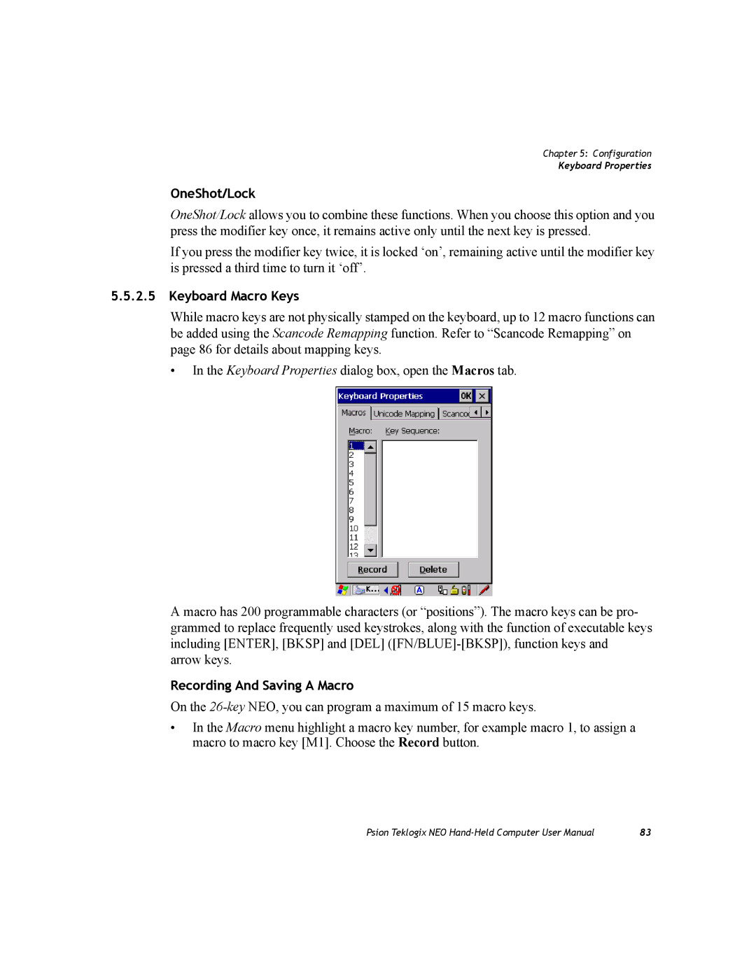 Psion Teklogix PX750 manual OneShot/Lock, Keyboard Macro Keys, Recording And Saving a Macro 