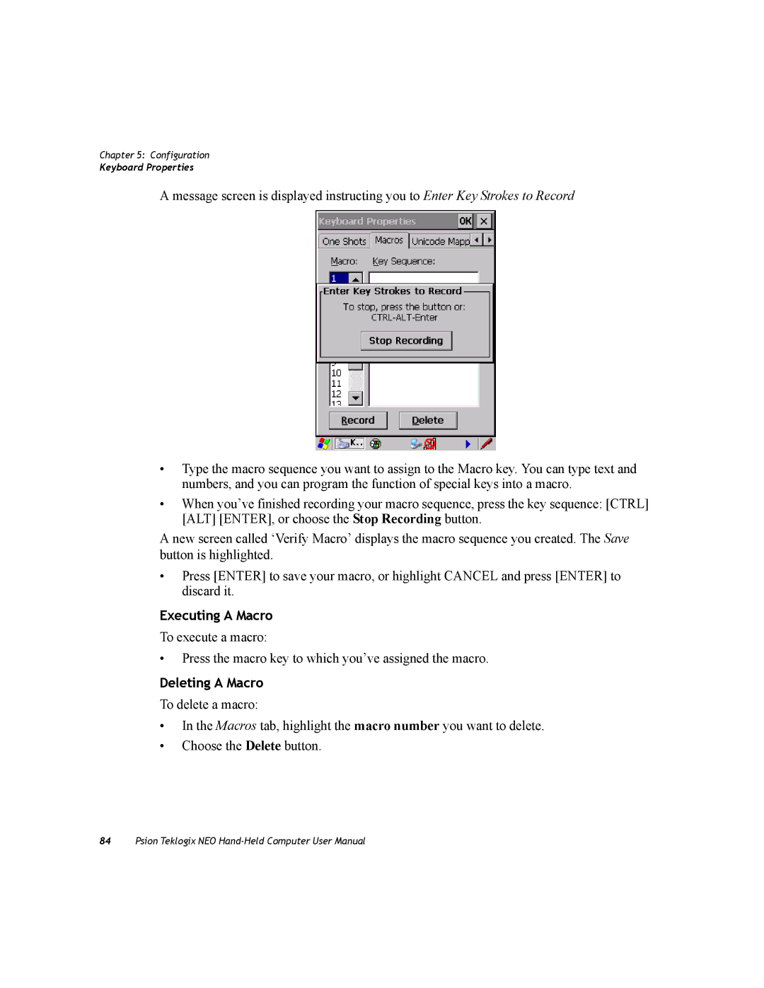Psion Teklogix PX750 manual Executing a Macro, Deleting a Macro 