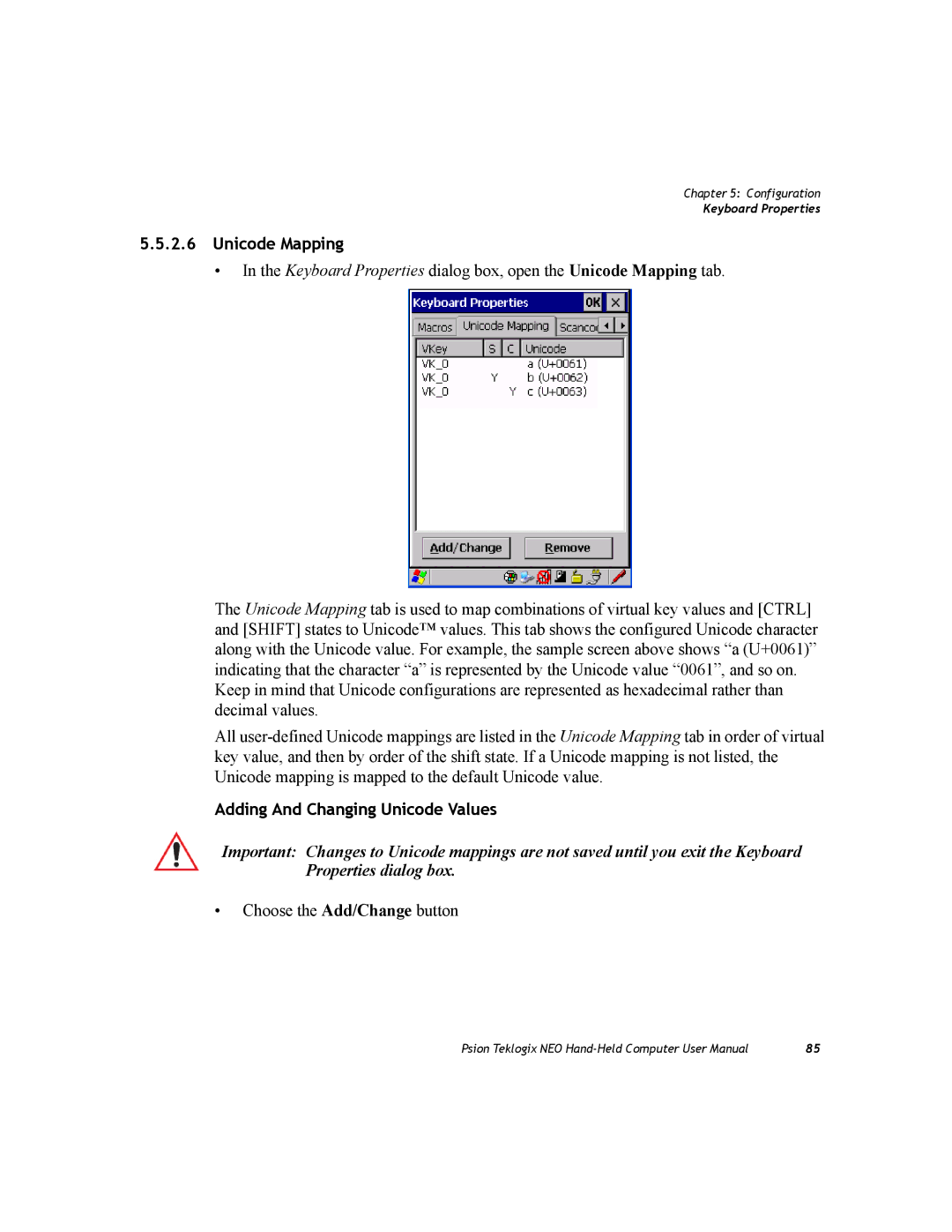 Psion Teklogix PX750 manual Unicode Mapping, Adding And Changing Unicode Values 