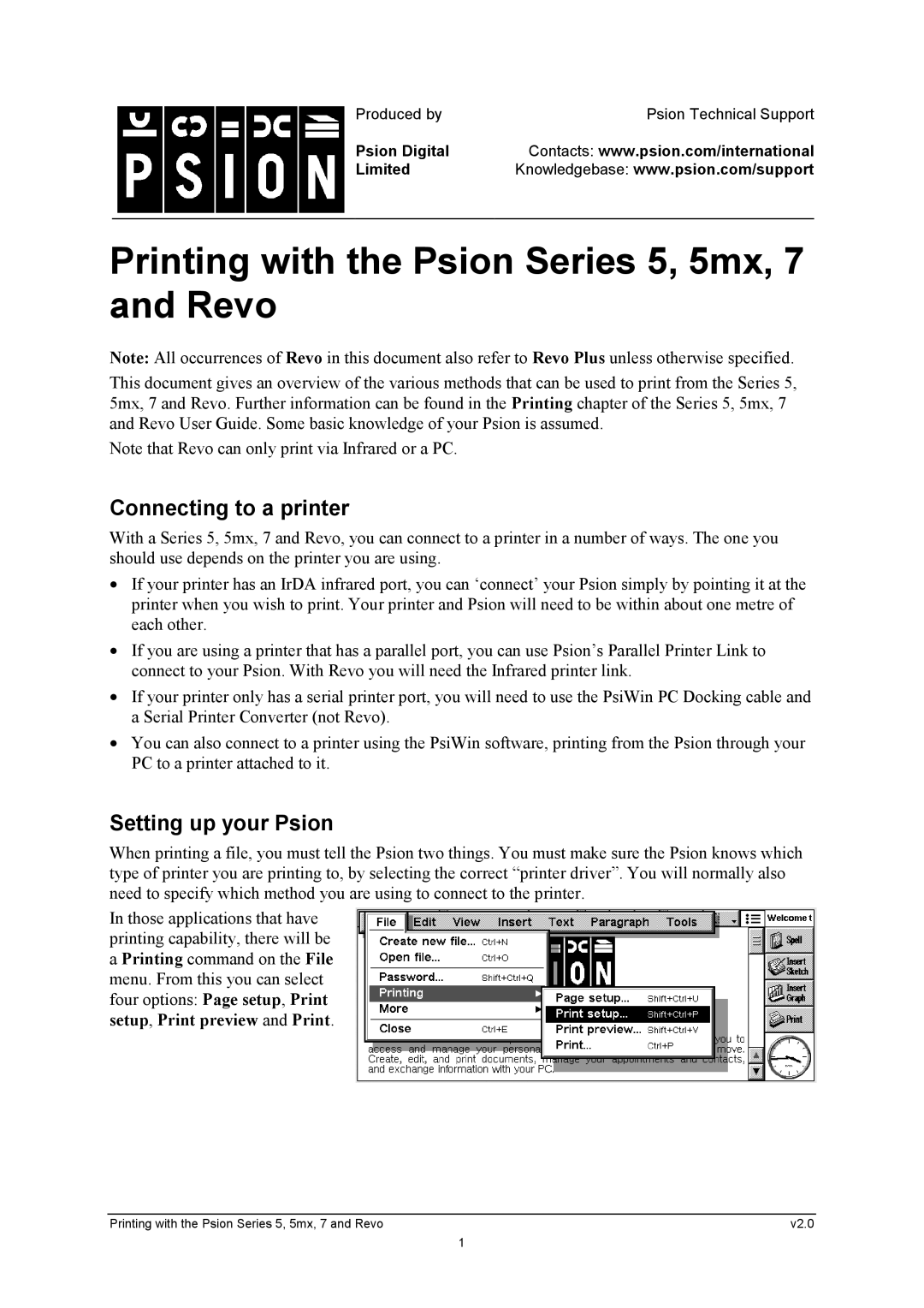 Psion Teklogix manual Printing with the Psion Series 5, 5mx, 7 and Revo, Connecting to a printer, Setting up your Psion 