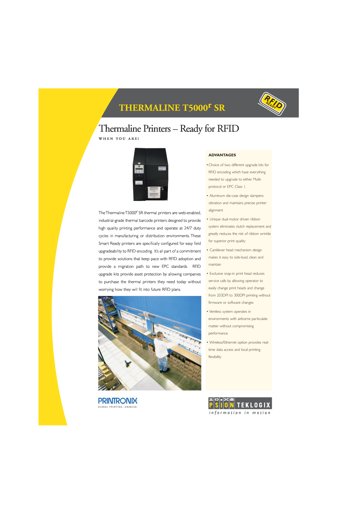 Psion Teklogix manual THERMALINE T5000r SR, Thermaline Printers - Ready for RFID, w h e n y o u a r e, Advantages 