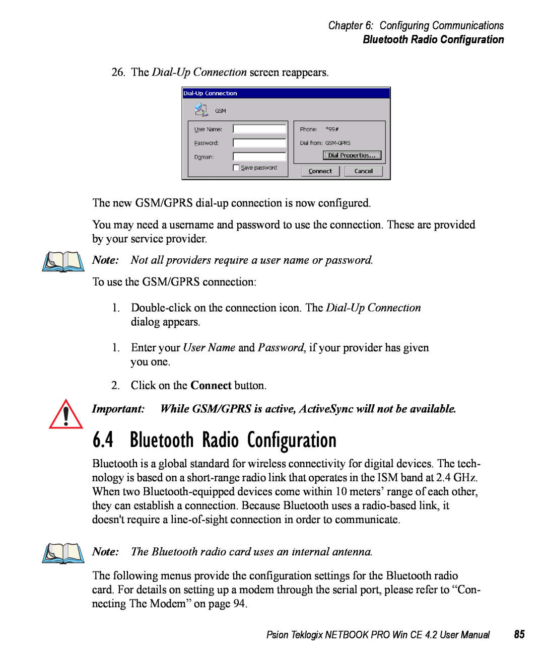 Psion Teklogix Win CE 4.2 user manual Bluetooth Radio Configuration, Note Not all providers require a user name or password 