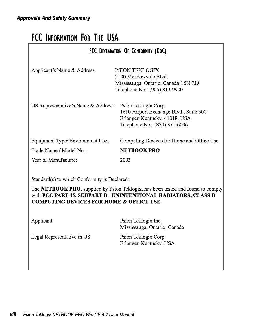 Psion Teklogix Win CE 4.2 Fcc Information For The Usa, Approvals And Safety Summary, Fcc Declaration Of Conformity Doc 