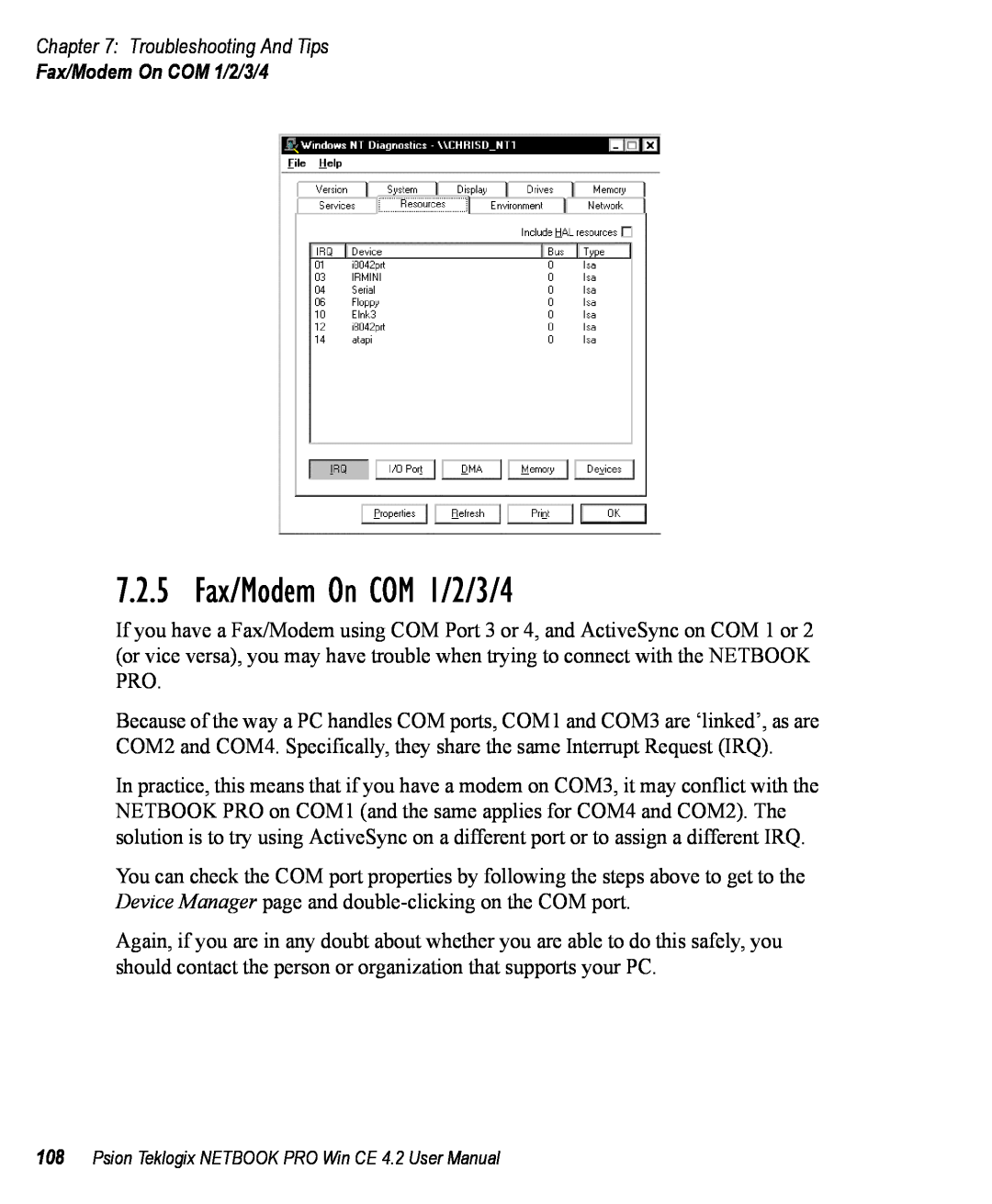 Psion Teklogix Win CE 4.2 user manual 7.2.5 Fax/Modem On COM 1/2/3/4, Troubleshooting And Tips 