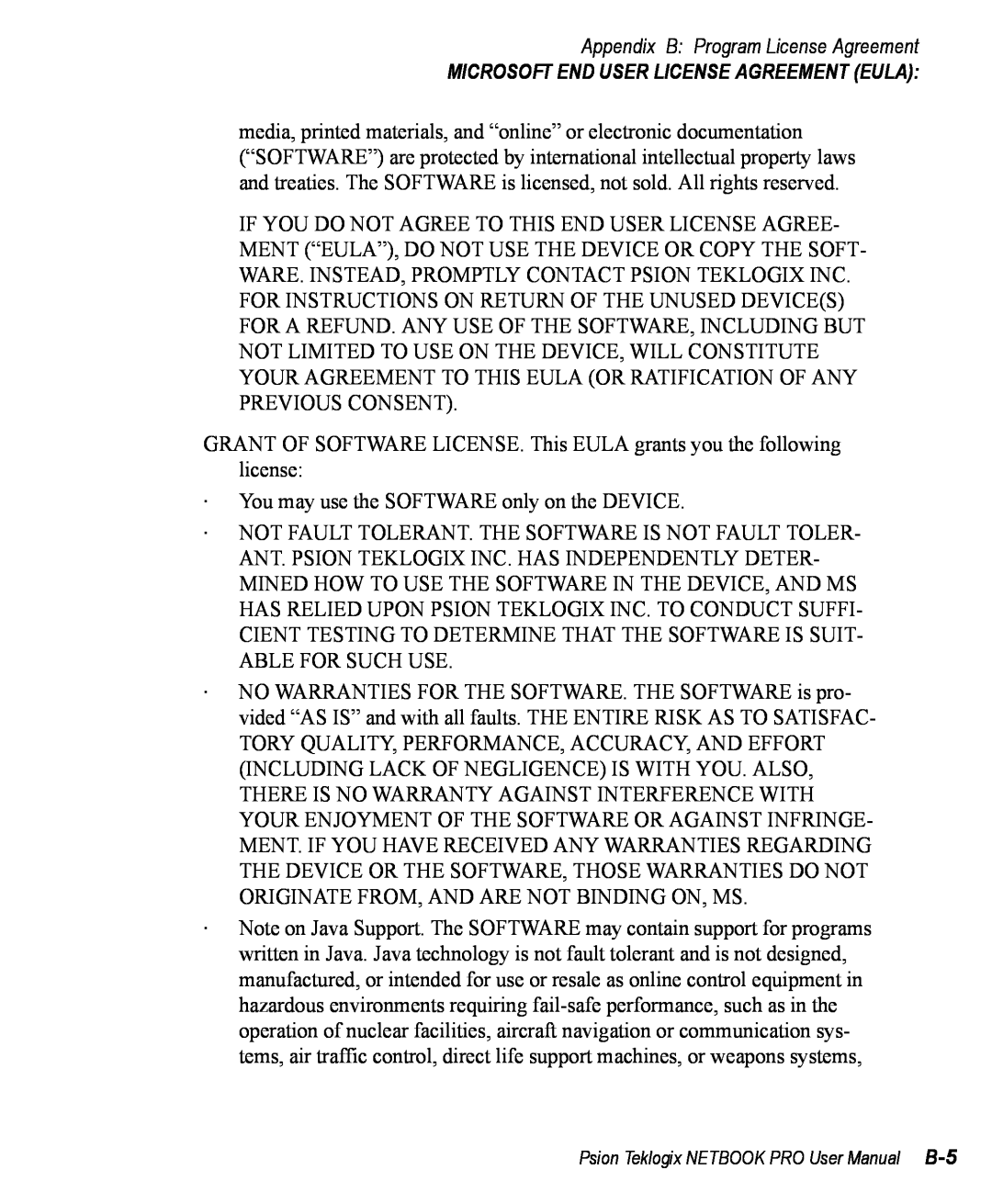 Psion Teklogix Win CE 4.2 user manual Appendix B Program License Agreement, Microsoft End User License Agreement Eula 