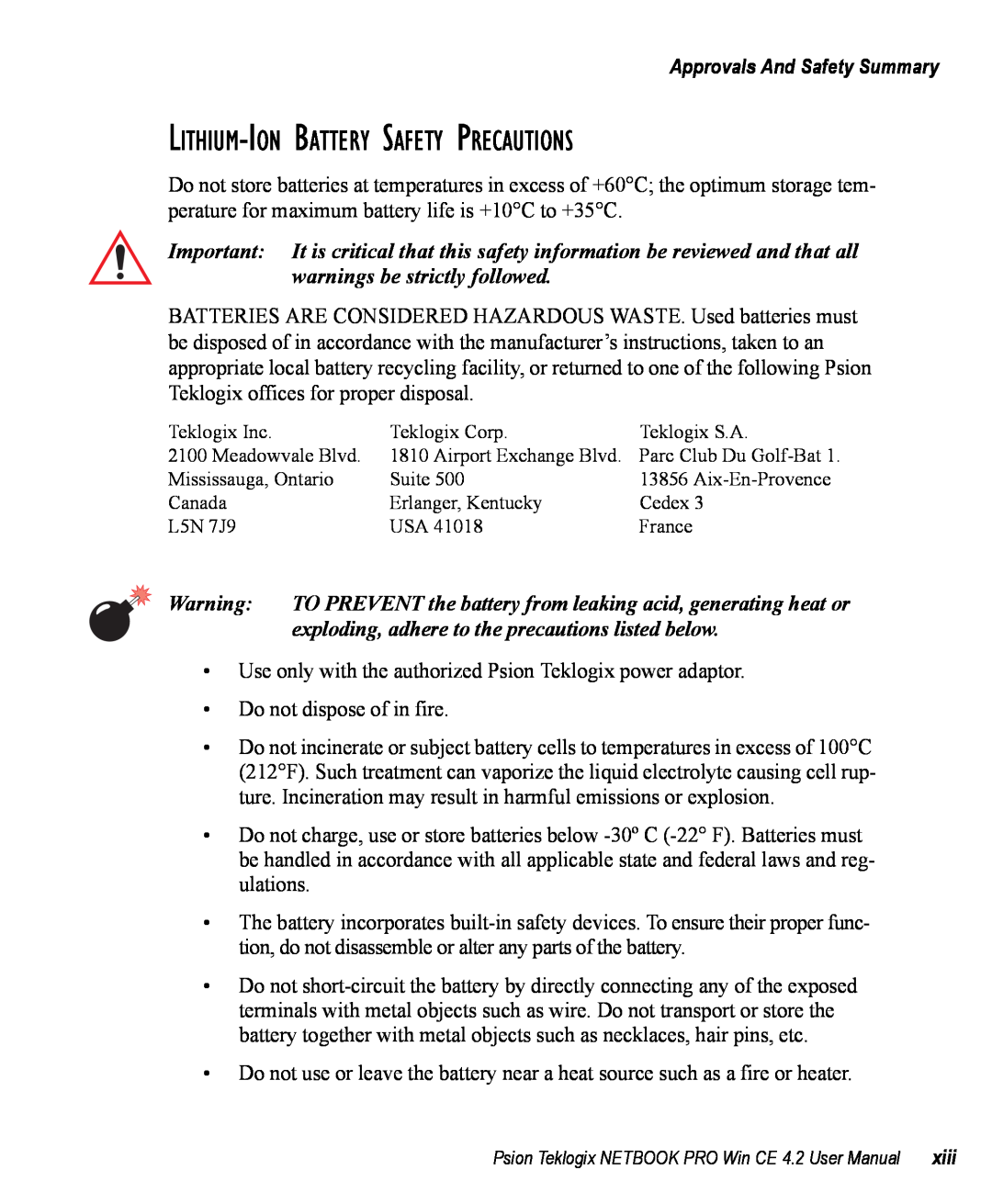 Psion Teklogix Win CE 4.2 Lithium-Ion Battery Safety Precautions, exploding, adhere to the precautions listed below 