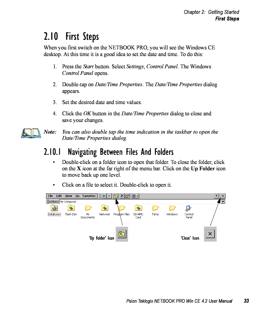 Psion Teklogix Win CE 4.2 user manual First Steps, Navigating Between Files And Folders, Getting Started 