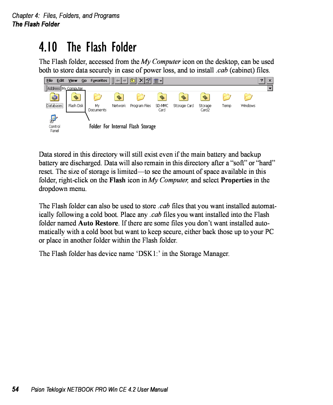 Psion Teklogix Win CE 4.2 user manual The Flash Folder, Files, Folders, and Programs 