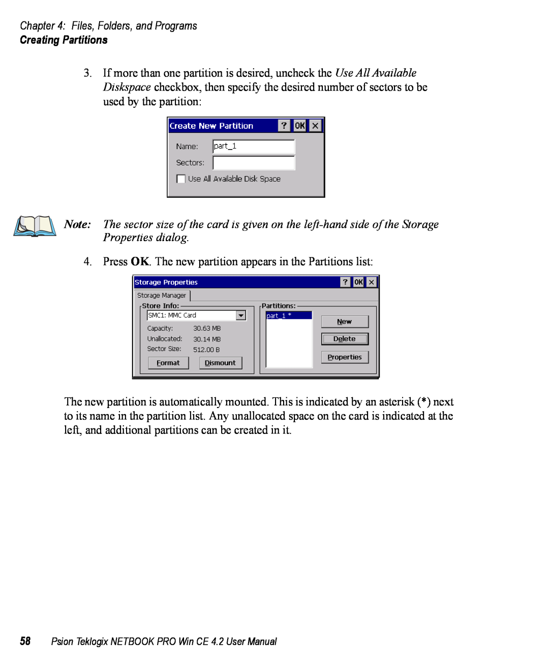 Psion Teklogix Win CE 4.2 user manual Files, Folders, and Programs, Creating Partitions 
