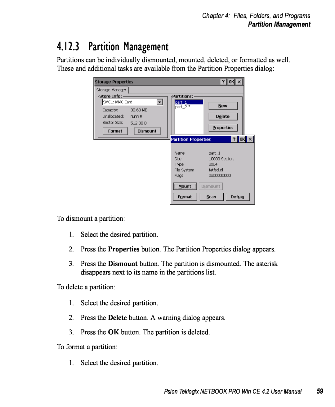 Psion Teklogix Win CE 4.2 user manual Partition Management, Files, Folders, and Programs 
