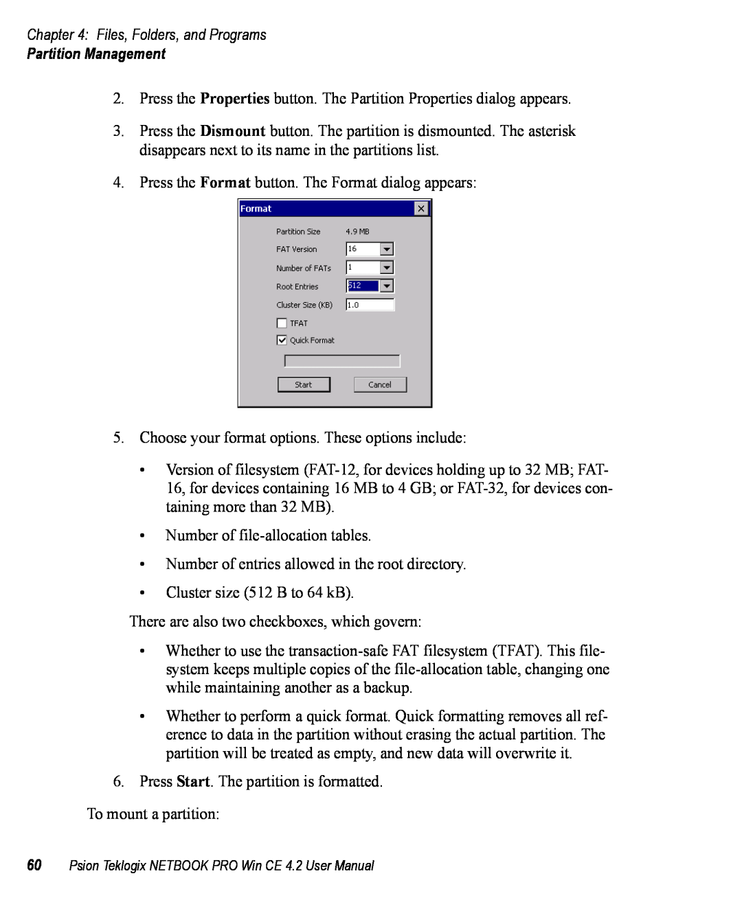 Psion Teklogix Win CE 4.2 user manual Files, Folders, and Programs, Partition Management 