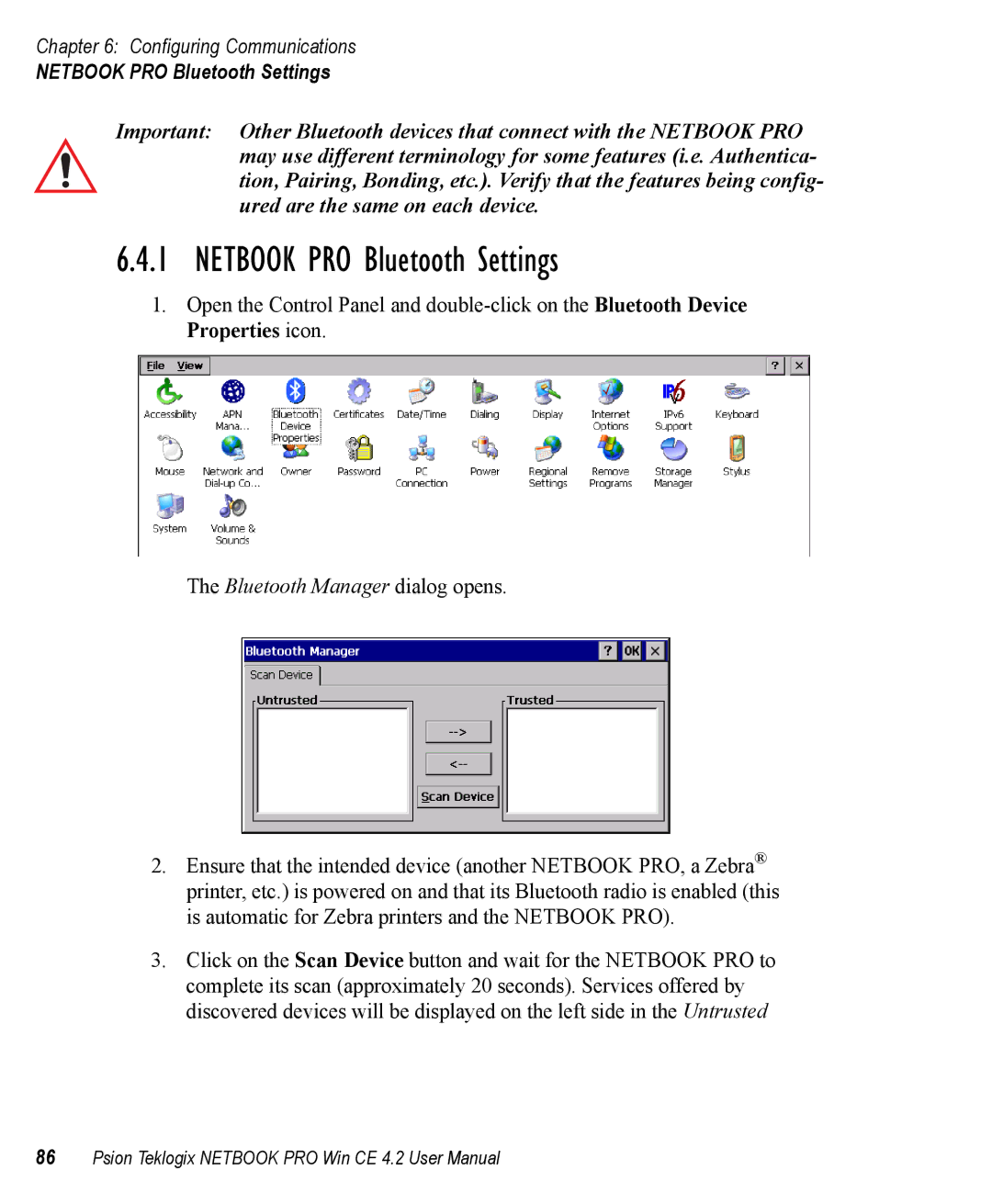 Psion Teklogix Win CE 4.2 user manual Netbook PRO Bluetooth Settings 