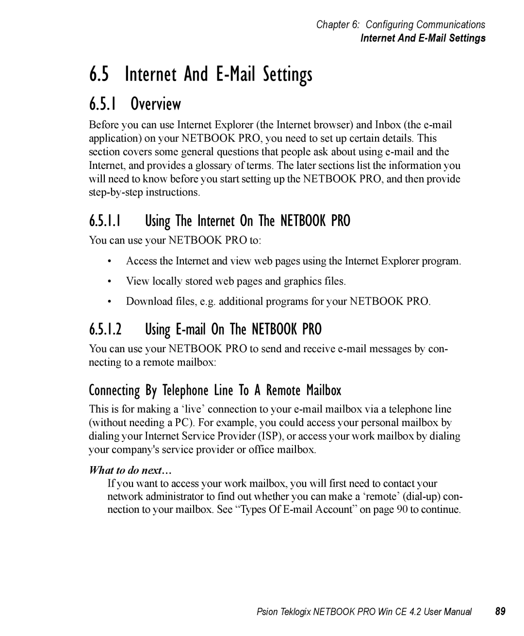 Psion Teklogix Win CE 4.2 user manual Internet And E-Mail Settings, Overview, Using The Internet On The Netbook PRO 