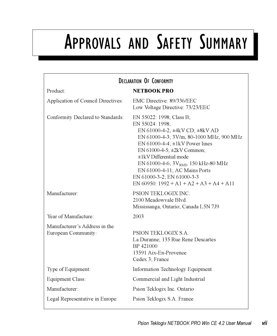 Psion Teklogix Win CE 4.2 user manual Approvals and Safety Summary, Vii 