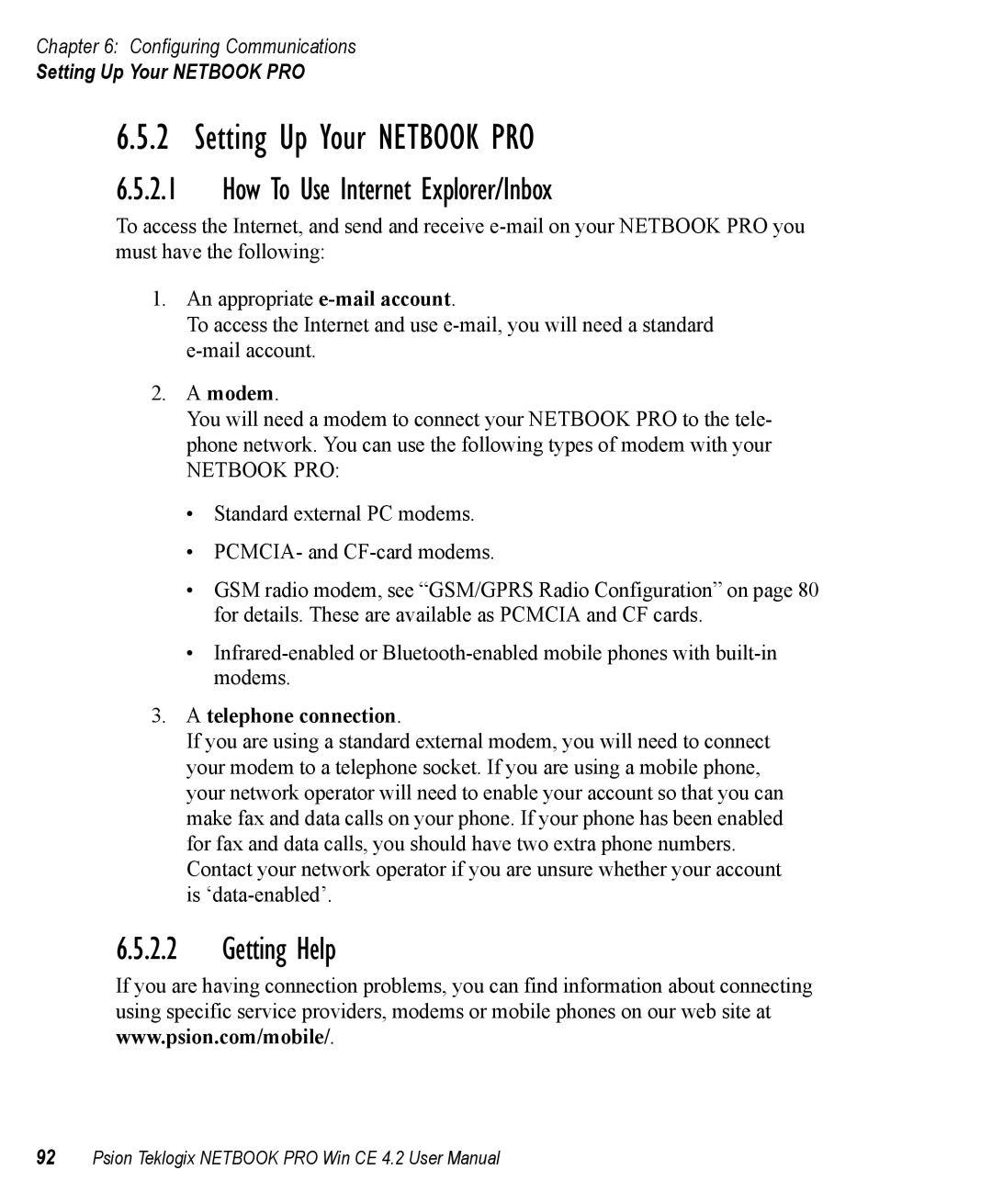 Psion Teklogix Win CE 4.2 user manual Setting Up Your Netbook PRO, How To Use Internet Explorer/Inbox, Getting Help 