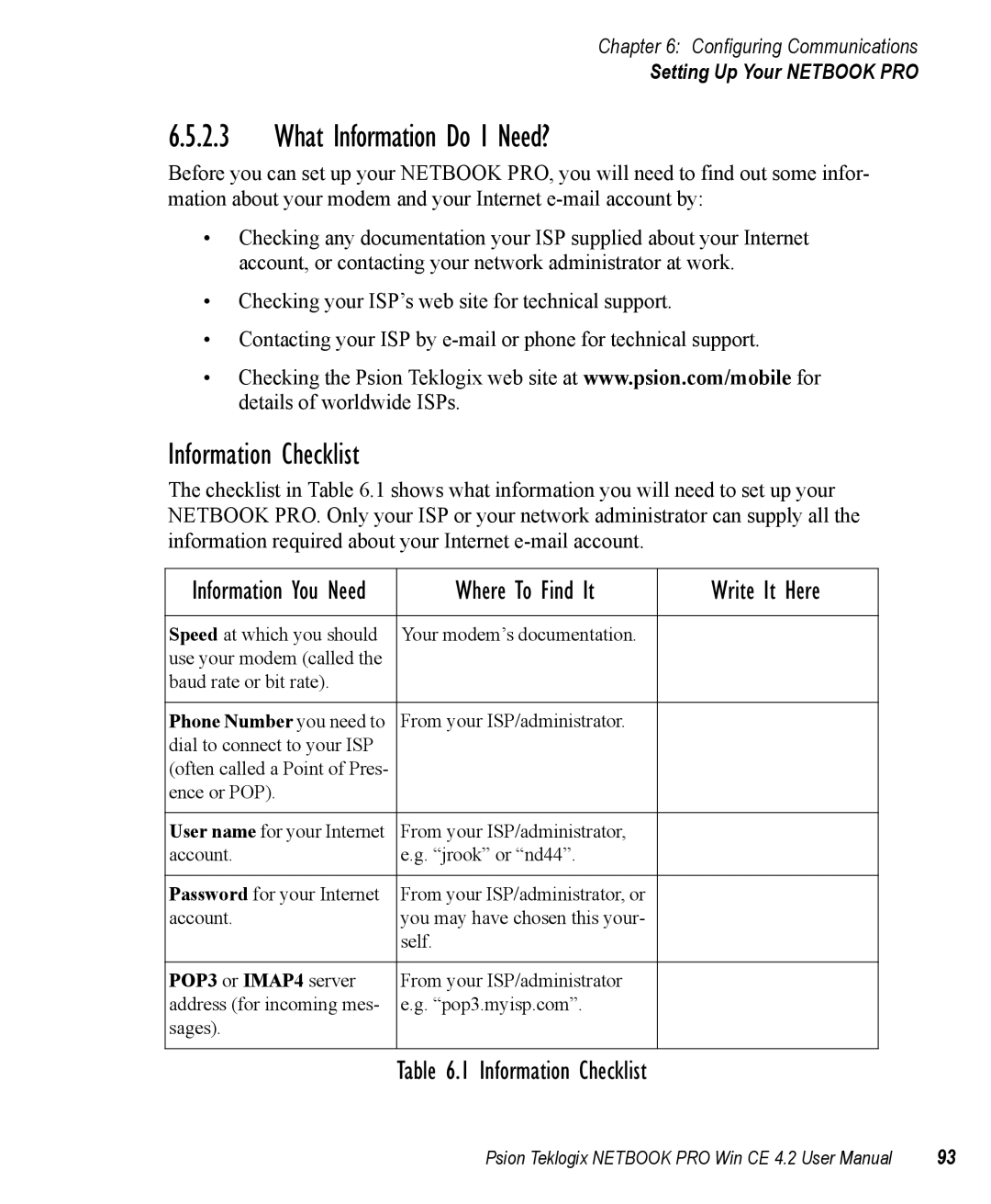 Psion Teklogix Win CE 4.2 user manual What Information Do I Need?, Information Checklist 