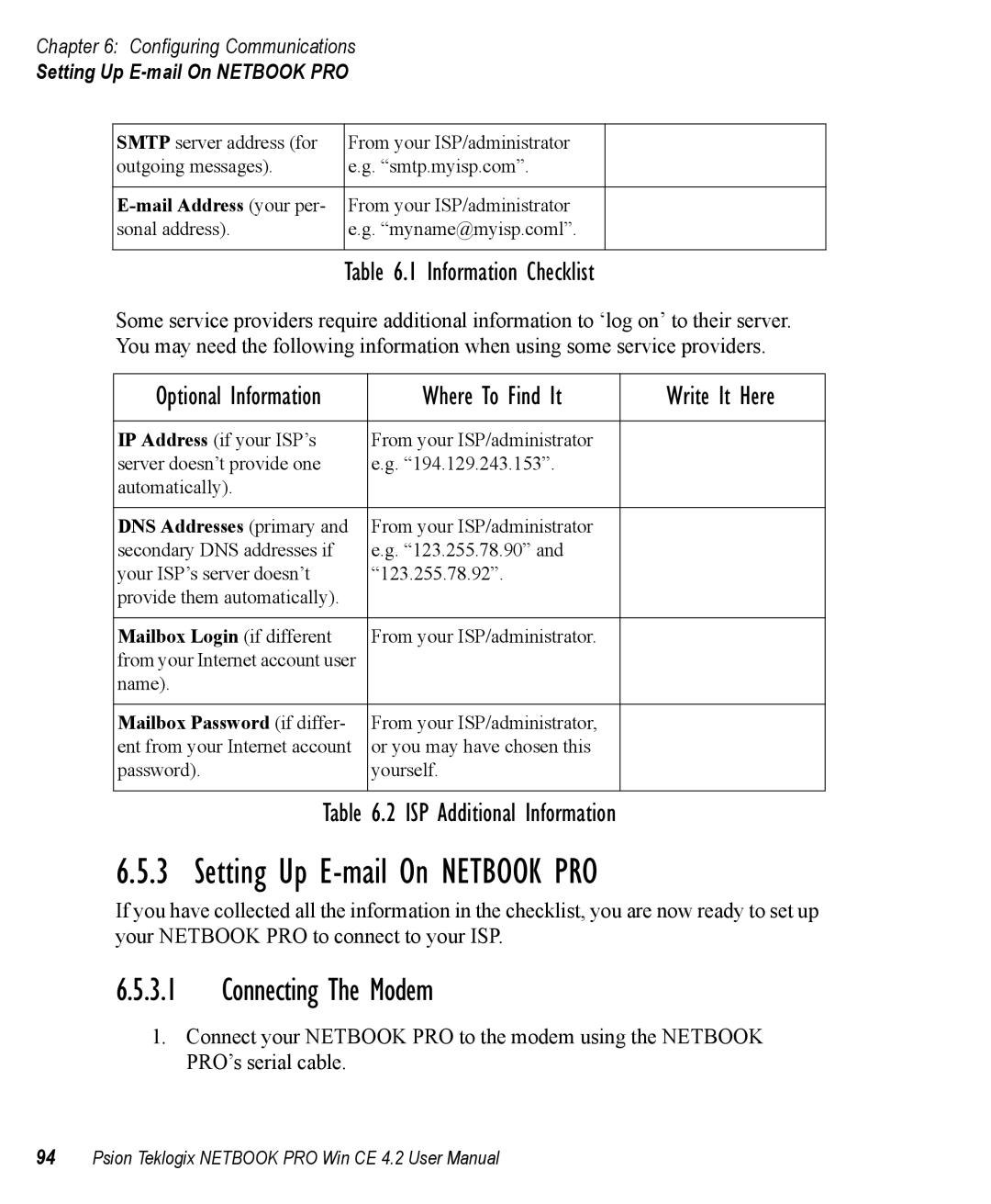 Psion Teklogix Win CE 4.2 user manual Setting Up E-mail On Netbook PRO, Connecting The Modem 