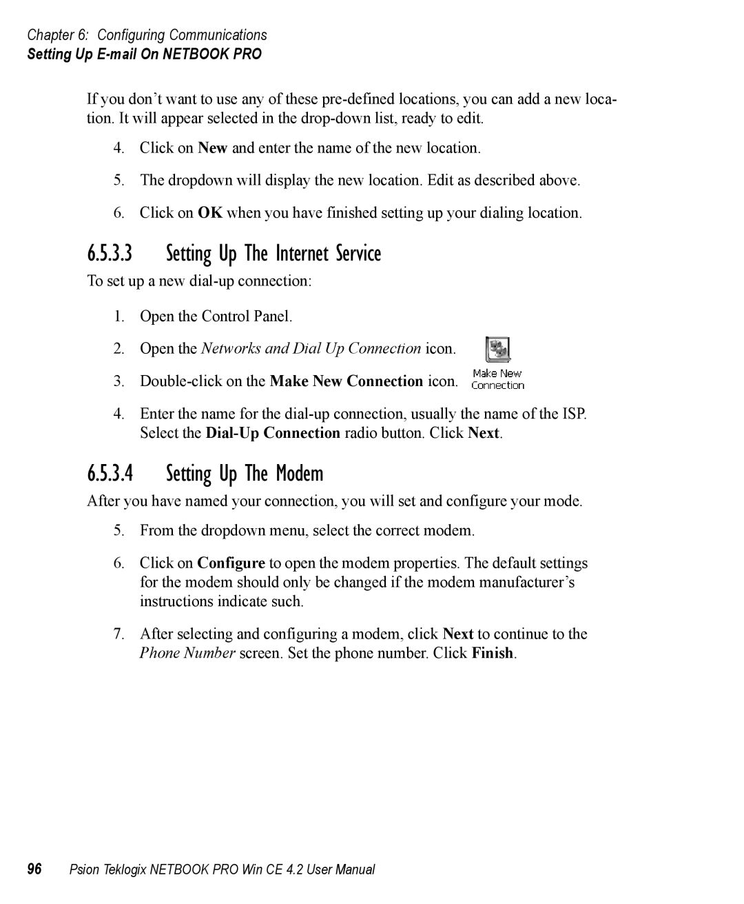 Psion Teklogix Win CE 4.2 user manual Setting Up The Internet Service, Setting Up The Modem 