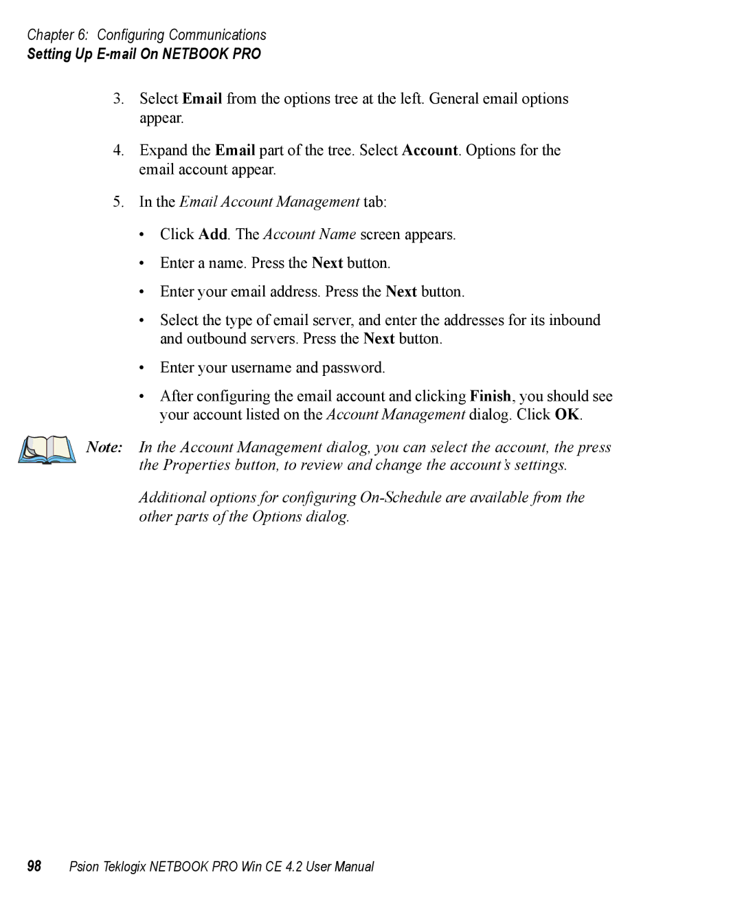 Psion Teklogix Win CE 4.2 user manual Email Account Management tab 