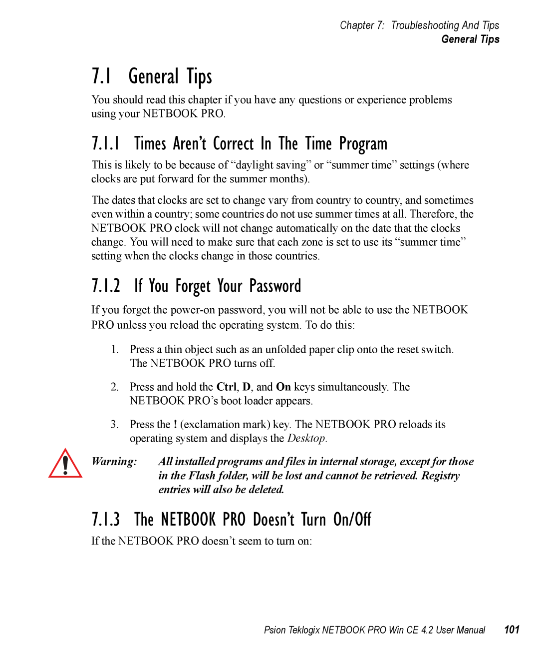 Psion Teklogix Win CE 4.2 user manual General Tips, Times Aren’t Correct In The Time Program, If You Forget Your Password 