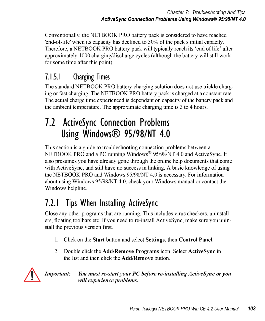 Psion Teklogix Win CE 4.2 user manual Tips When Installing ActiveSync, Charging Times, 103 