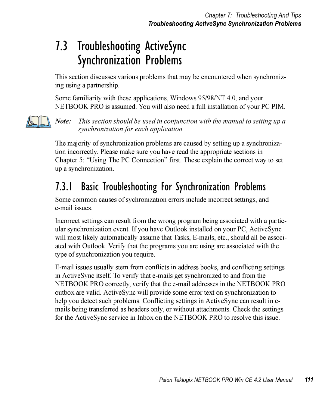 Psion Teklogix Win CE 4.2 user manual Basic Troubleshooting For Synchronization Problems, 111 