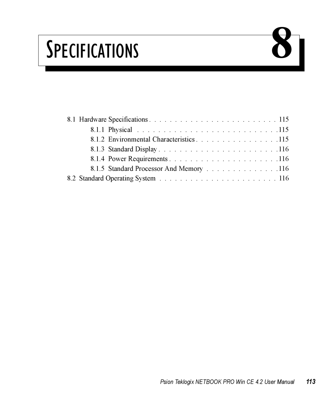 Psion Teklogix Win CE 4.2 user manual SPECIFICATIONS8, 113 