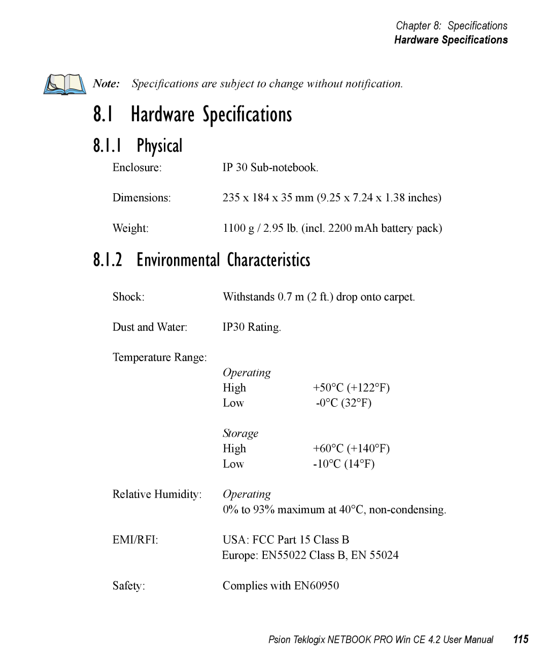 Psion Teklogix Win CE 4.2 user manual Hardware Specifications, 115 