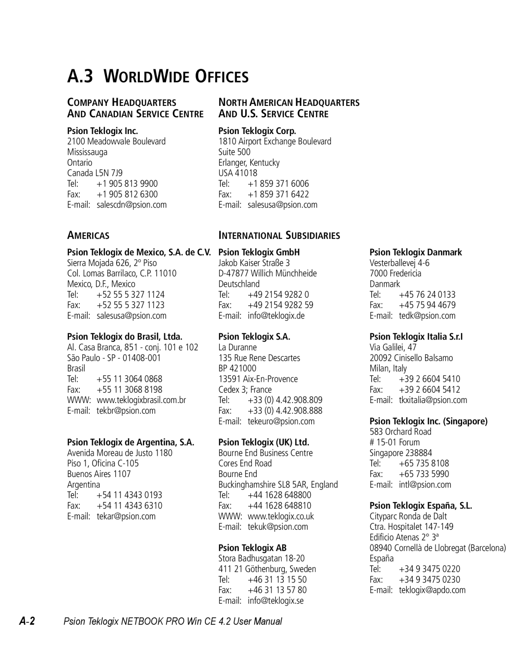 Psion Teklogix Win CE 4.2 user manual Worldwide Offices 