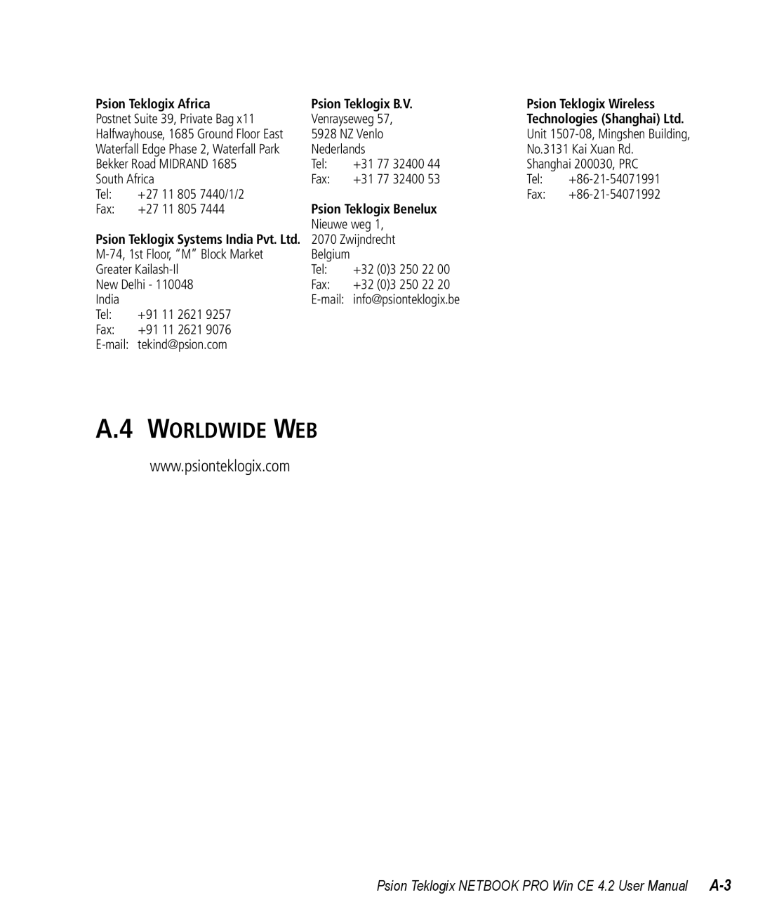 Psion Teklogix Win CE 4.2 user manual Worldwide WEB 