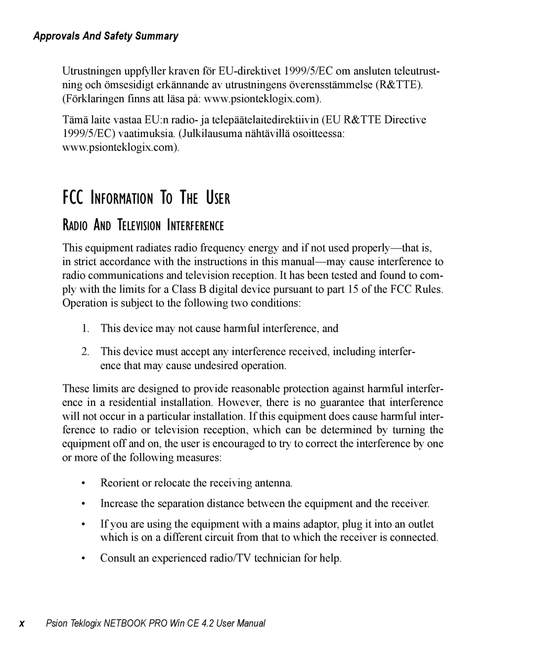 Psion Teklogix Win CE 4.2 user manual FCC Information to the User 