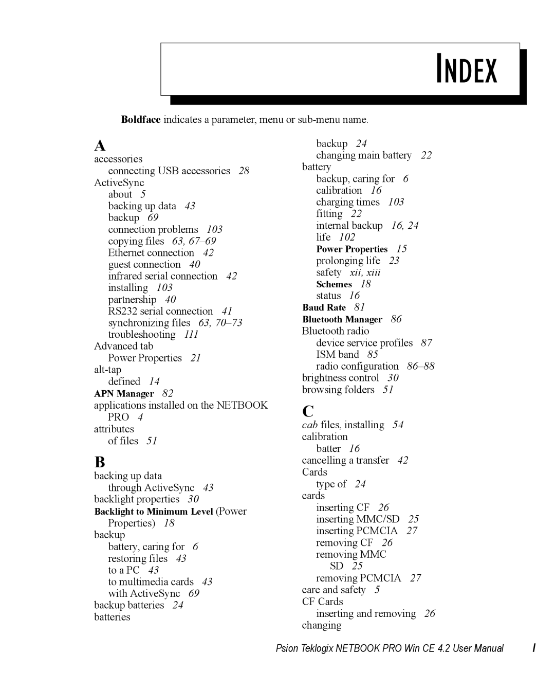 Psion Teklogix Win CE 4.2 user manual Index 