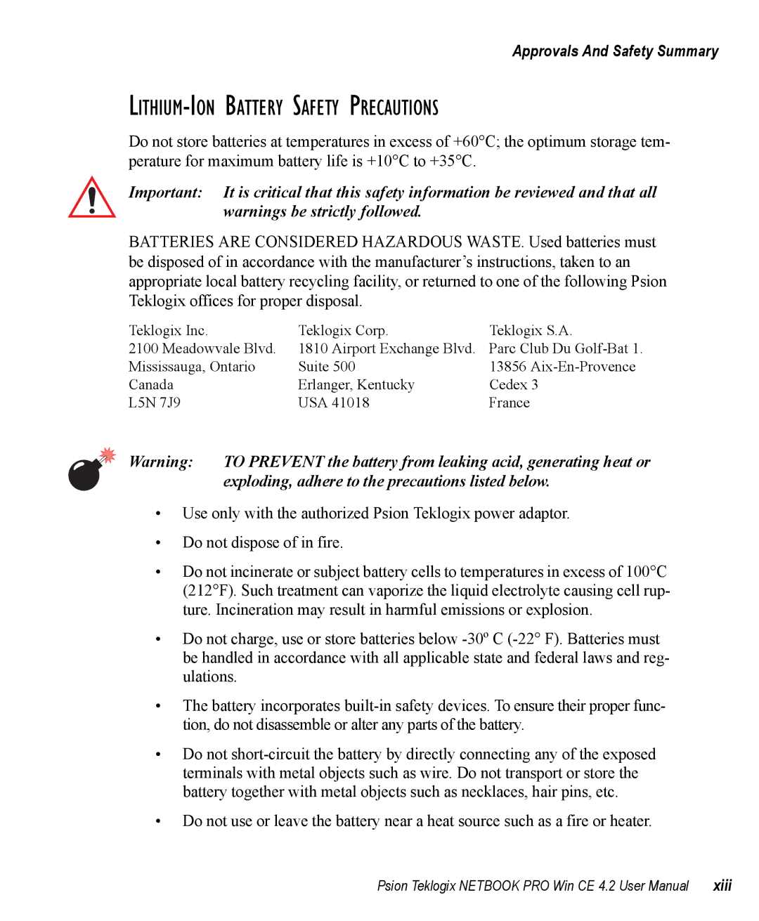 Psion Teklogix Win CE 4.2 user manual LITHIUM-ION Battery Safety Precautions 