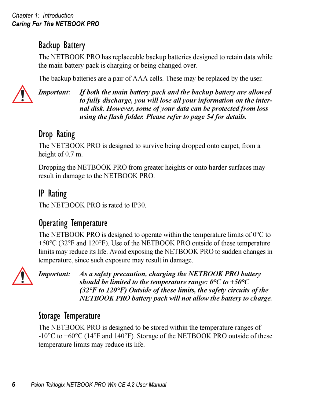 Psion Teklogix Win CE 4.2 user manual Backup Battery, Drop Rating, IP Rating, Operating Temperature, Storage Temperature 