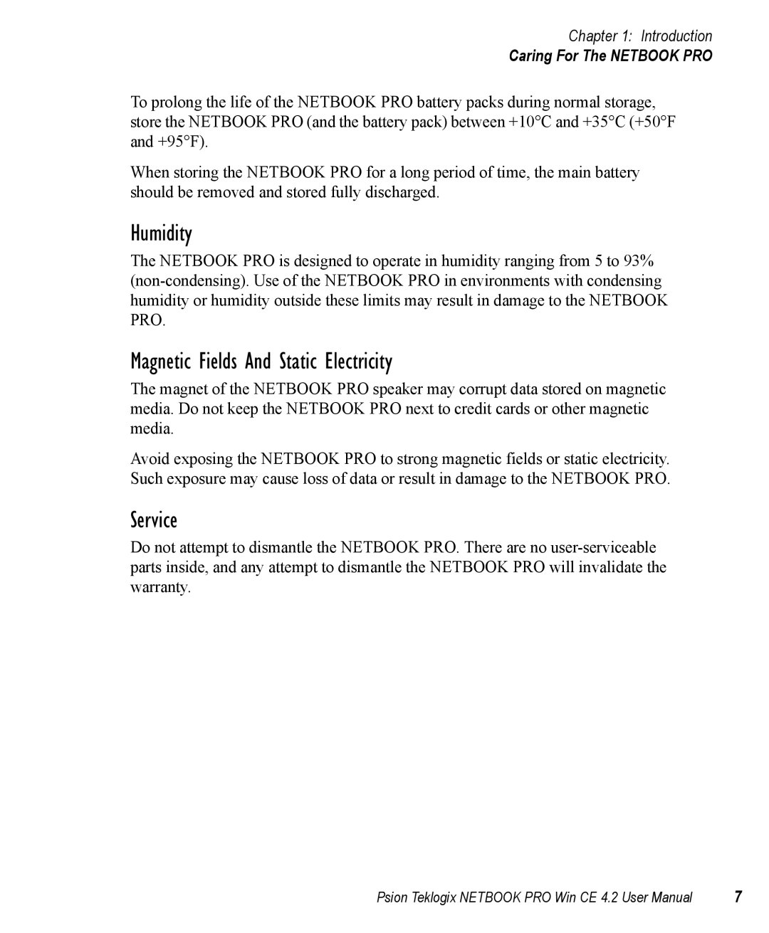 Psion Teklogix Win CE 4.2 user manual Humidity, Magnetic Fields And Static Electricity, Service 