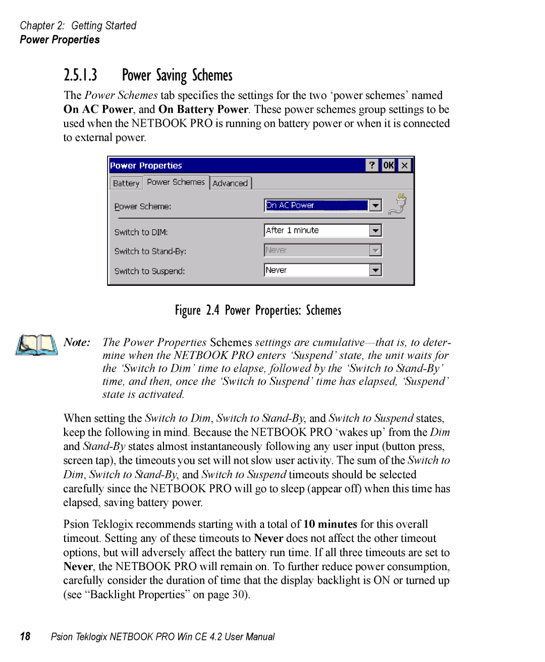 Psion Teklogix Win CE 4.2 user manual Power Saving Schemes, Power Properties Schemes 