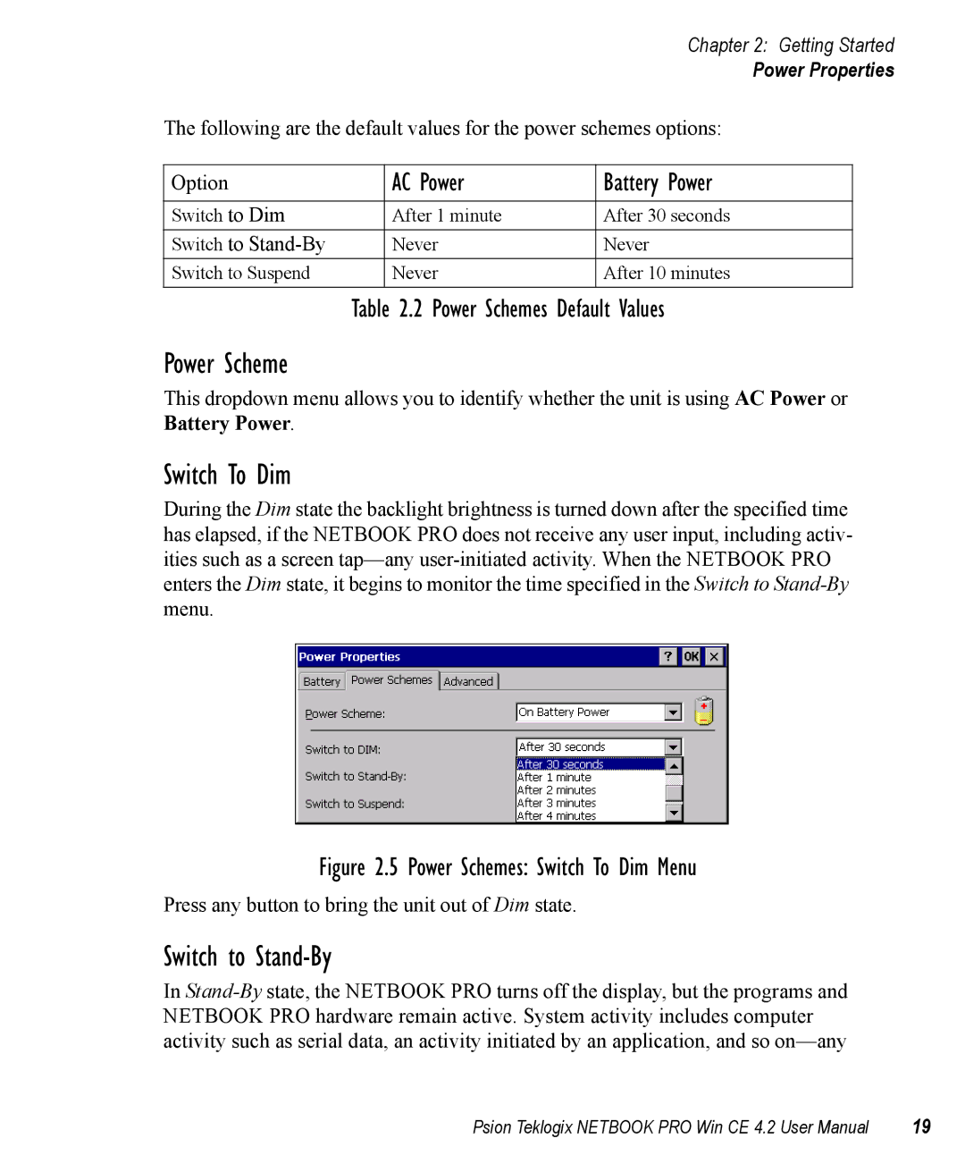 Psion Teklogix Win CE 4.2 user manual Power Scheme, Switch To Dim, Switch to Stand-By 