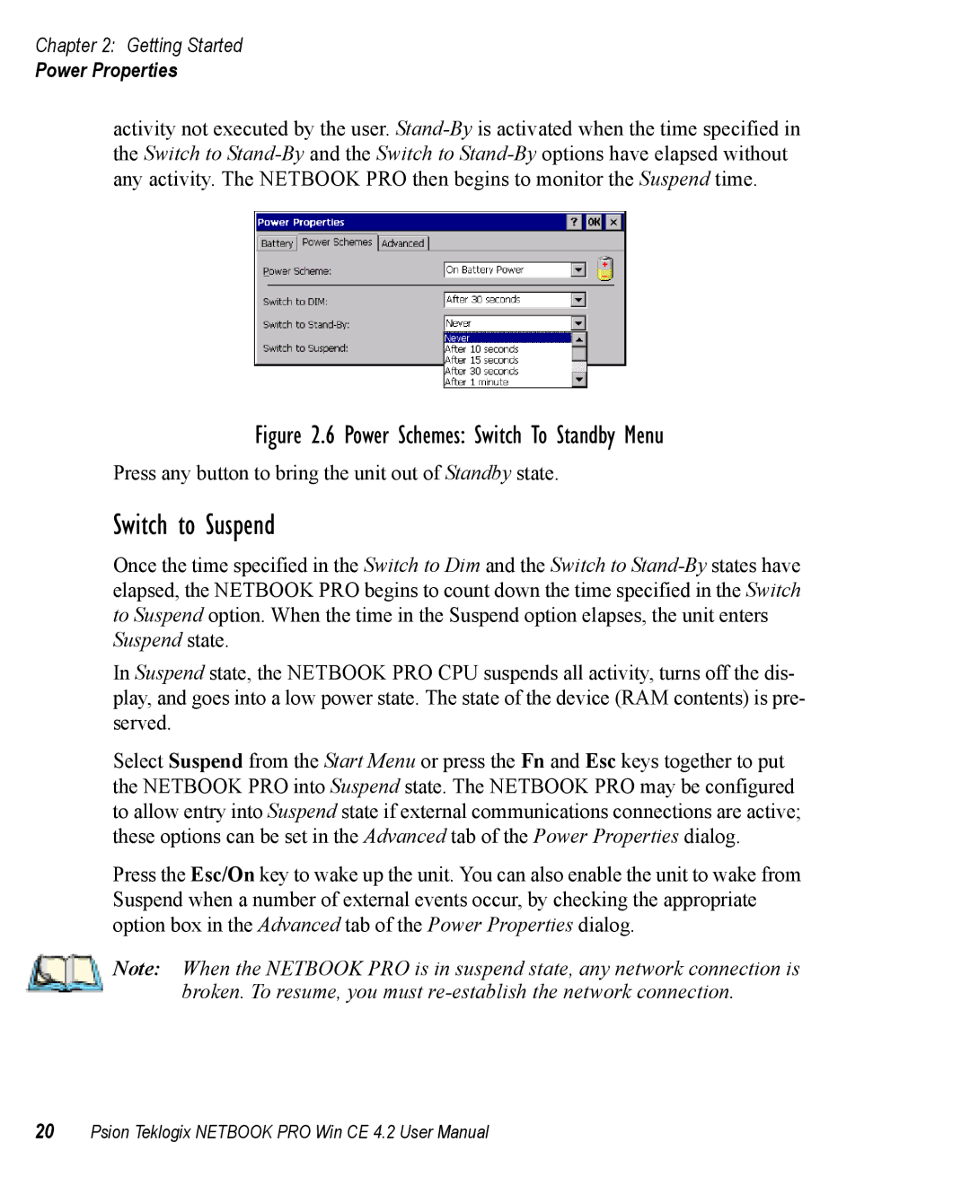 Psion Teklogix Win CE 4.2 user manual Switch to Suspend, Power Schemes Switch To Standby Menu 